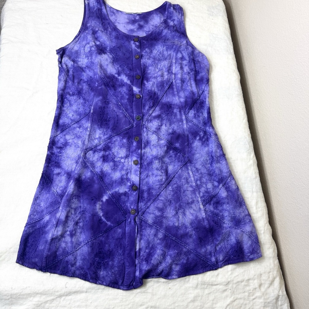 Purple Tie Dye Vacation Dress Free Size Boho Hippie Floral Embroidery Festival